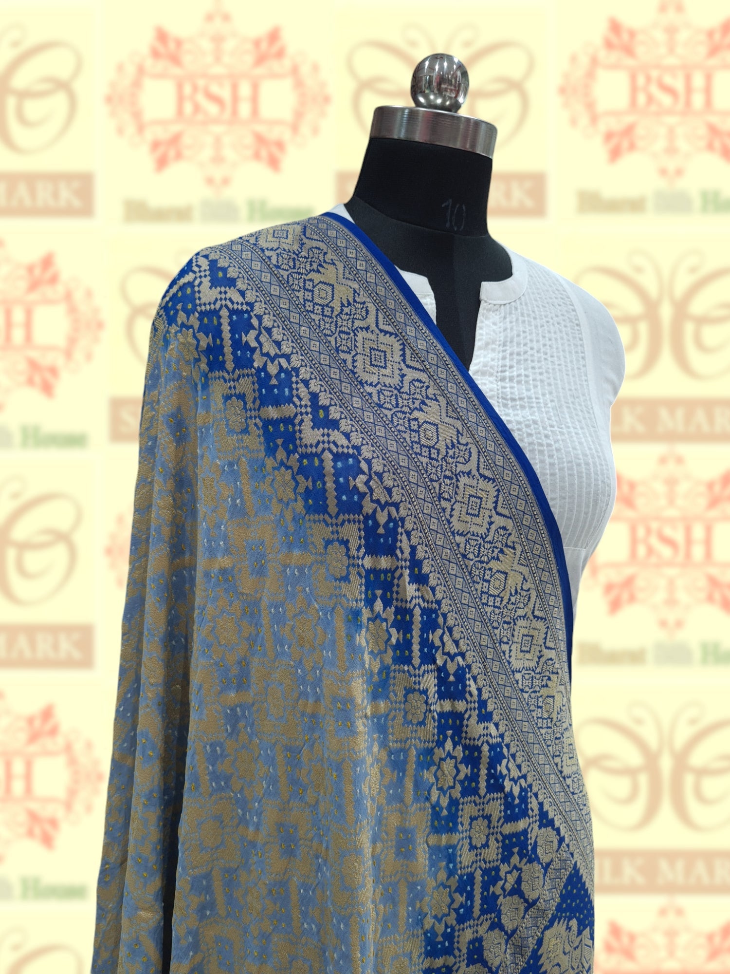 Double Shade Of Blue Georgette Banarasi Handloom Bandhani Dupatta - Bharat Silk House