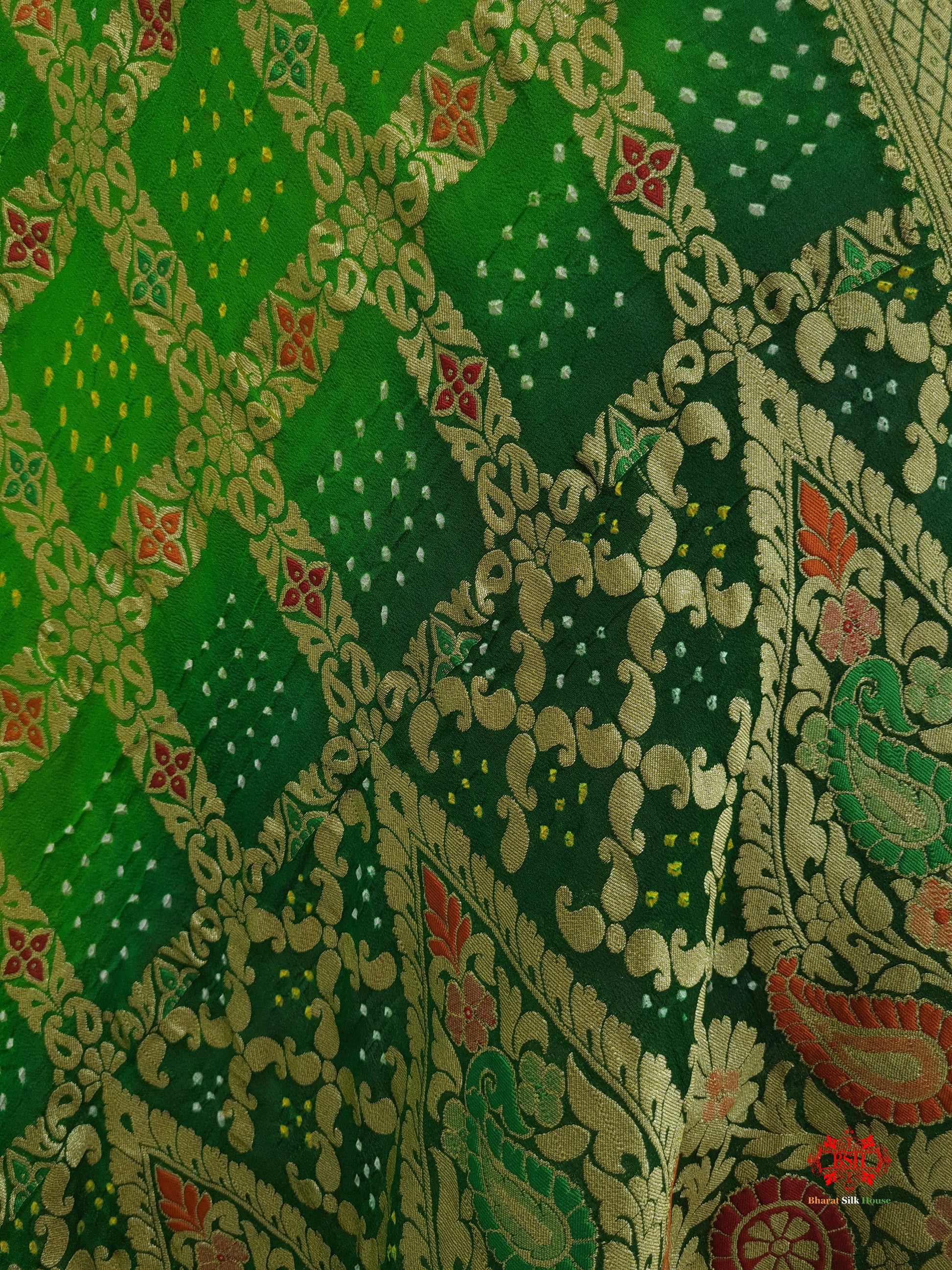 Double Shade Of Green Georgette Banarasi Handloom Menakari Bandhani Dupatta - Bharat Silk House