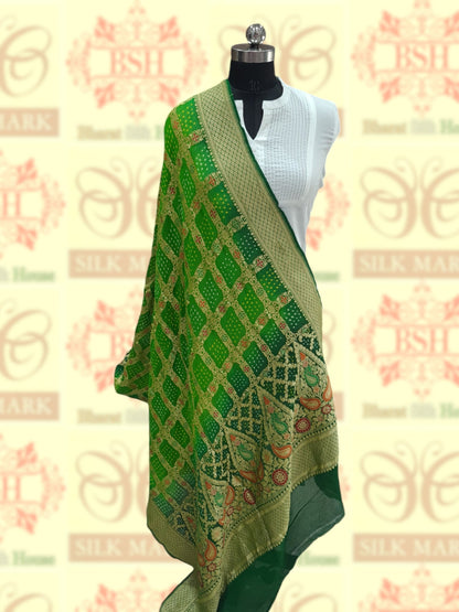 Double Shade Of Green Georgette Banarasi Handloom Menakari Bandhani Dupatta - Bharat Silk House