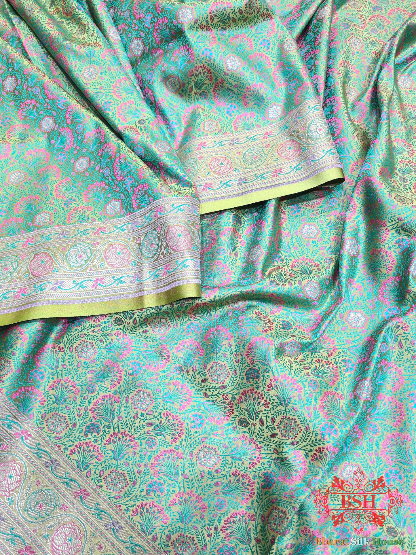 Emerald Green Dohri Resham Zari Booti Tanchoi Silk Saree - Bharat Silk House