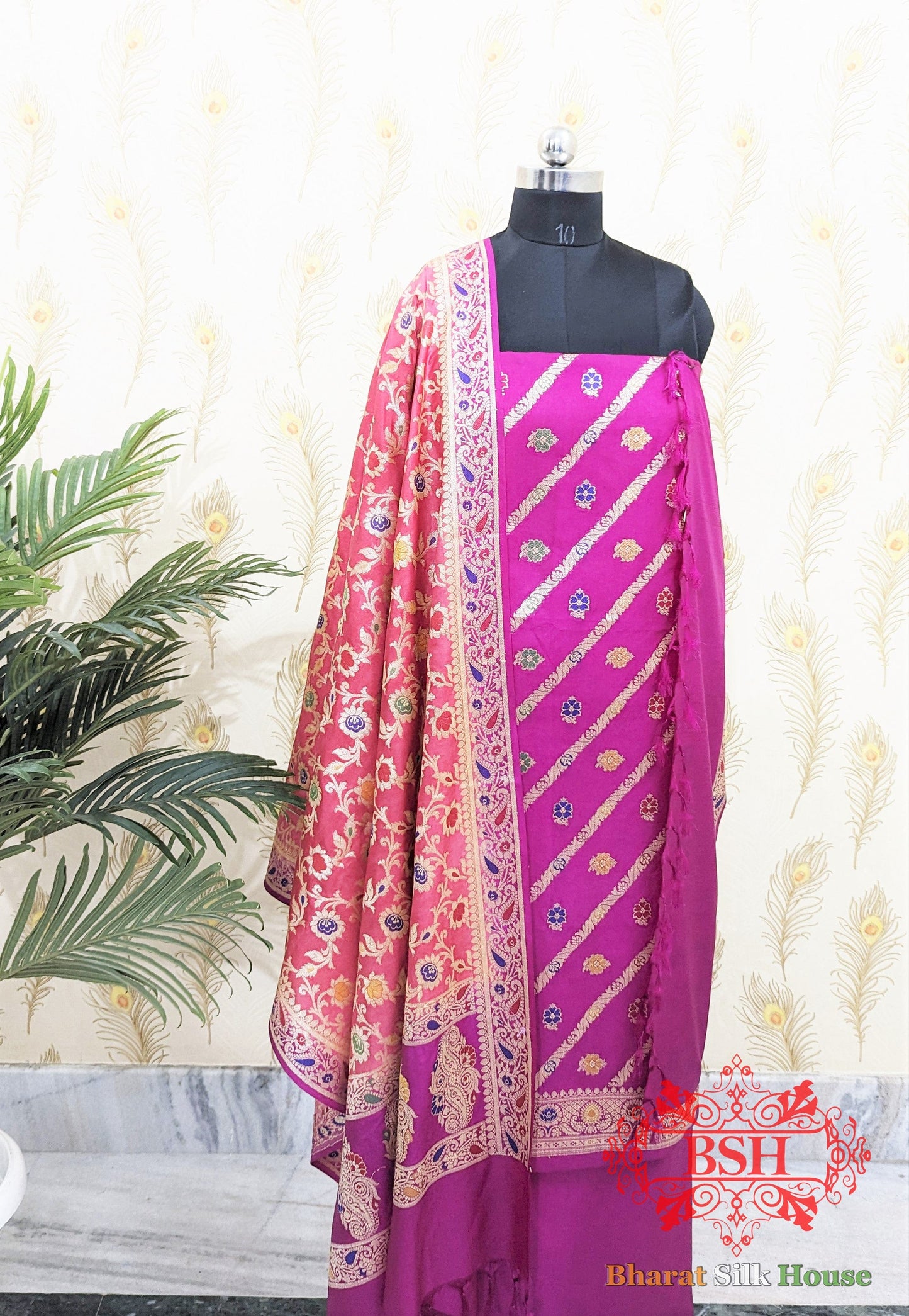 Fuchsia Dyeable Bararasi Silk Unstitched Suit Set With Meenakari Work - Bharat Silk House