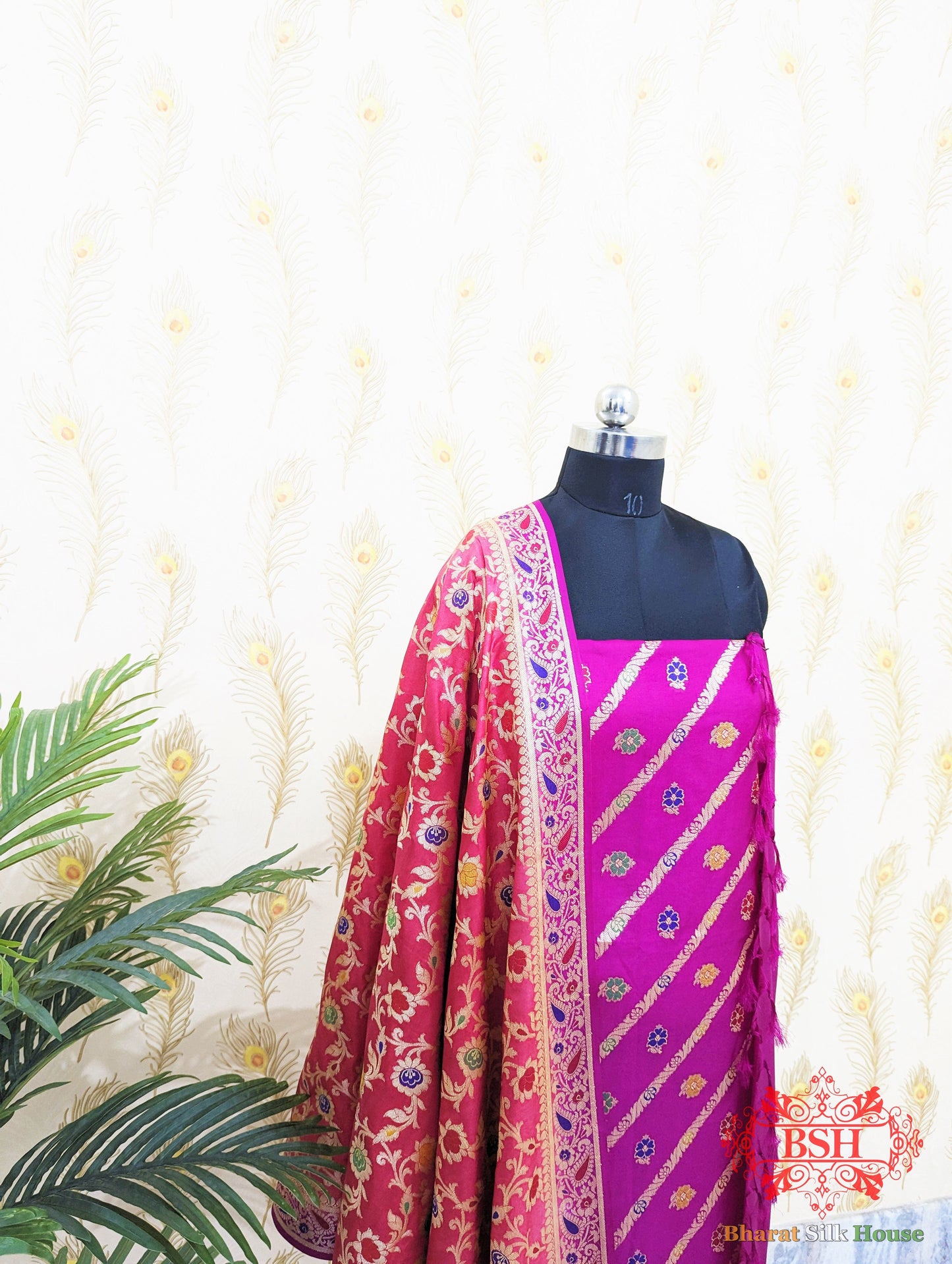 Fuchsia Dyeable Bararasi Silk Unstitched Suit Set With Meenakari Work - Bharat Silk House