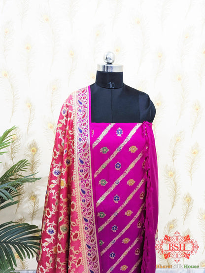 Fuchsia Dyeable Bararasi Silk Unstitched Suit Set With Meenakari Work - Bharat Silk House