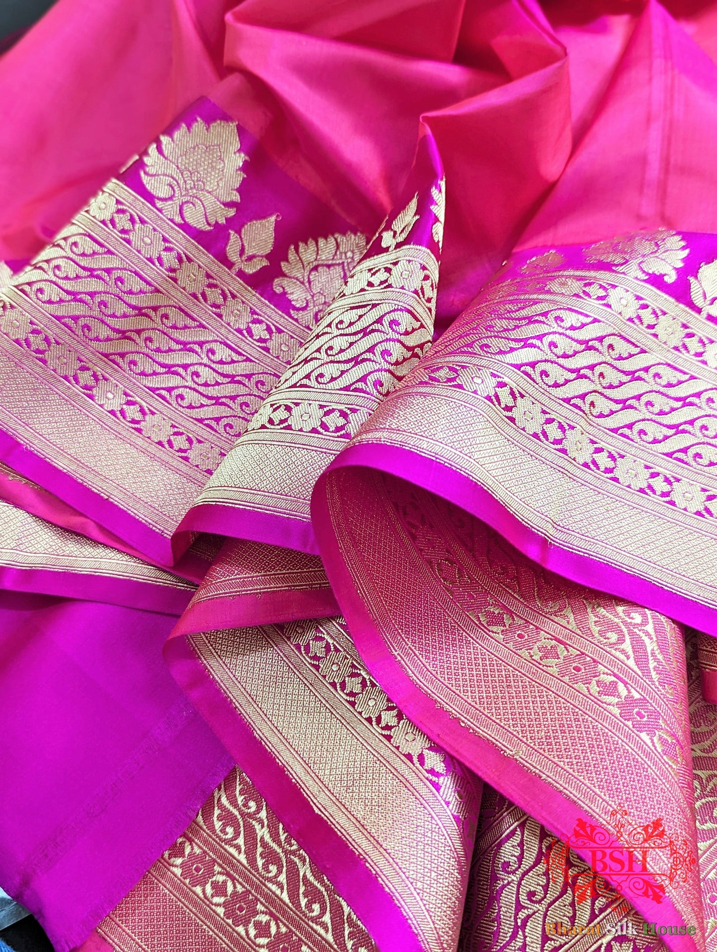 Fuscia Pink Pure Katan Silk Banarasi Handloom Saree - Bharat Silk House