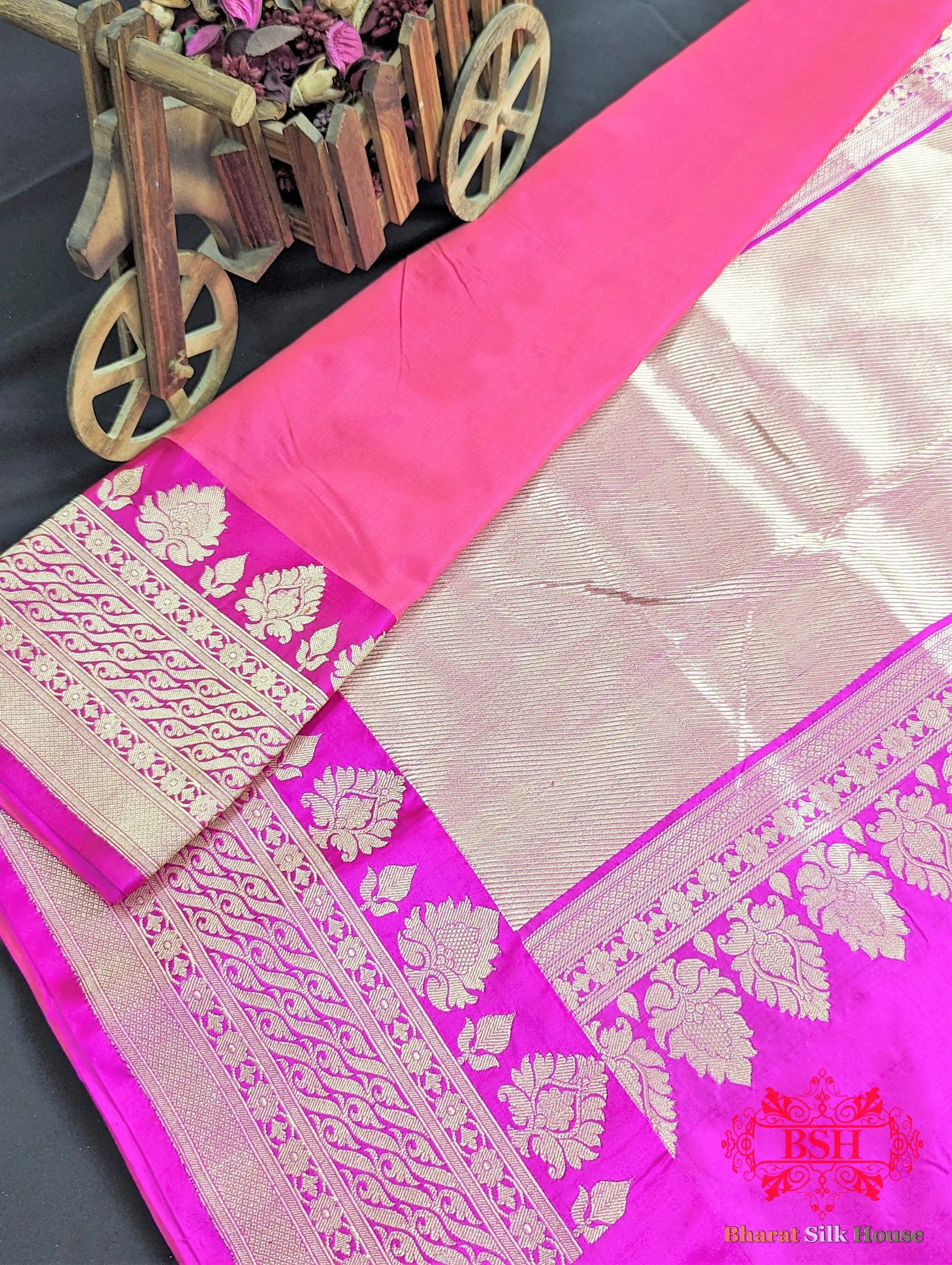 Fuscia Pink Pure Katan Silk Banarasi Handloom Saree - Bharat Silk House