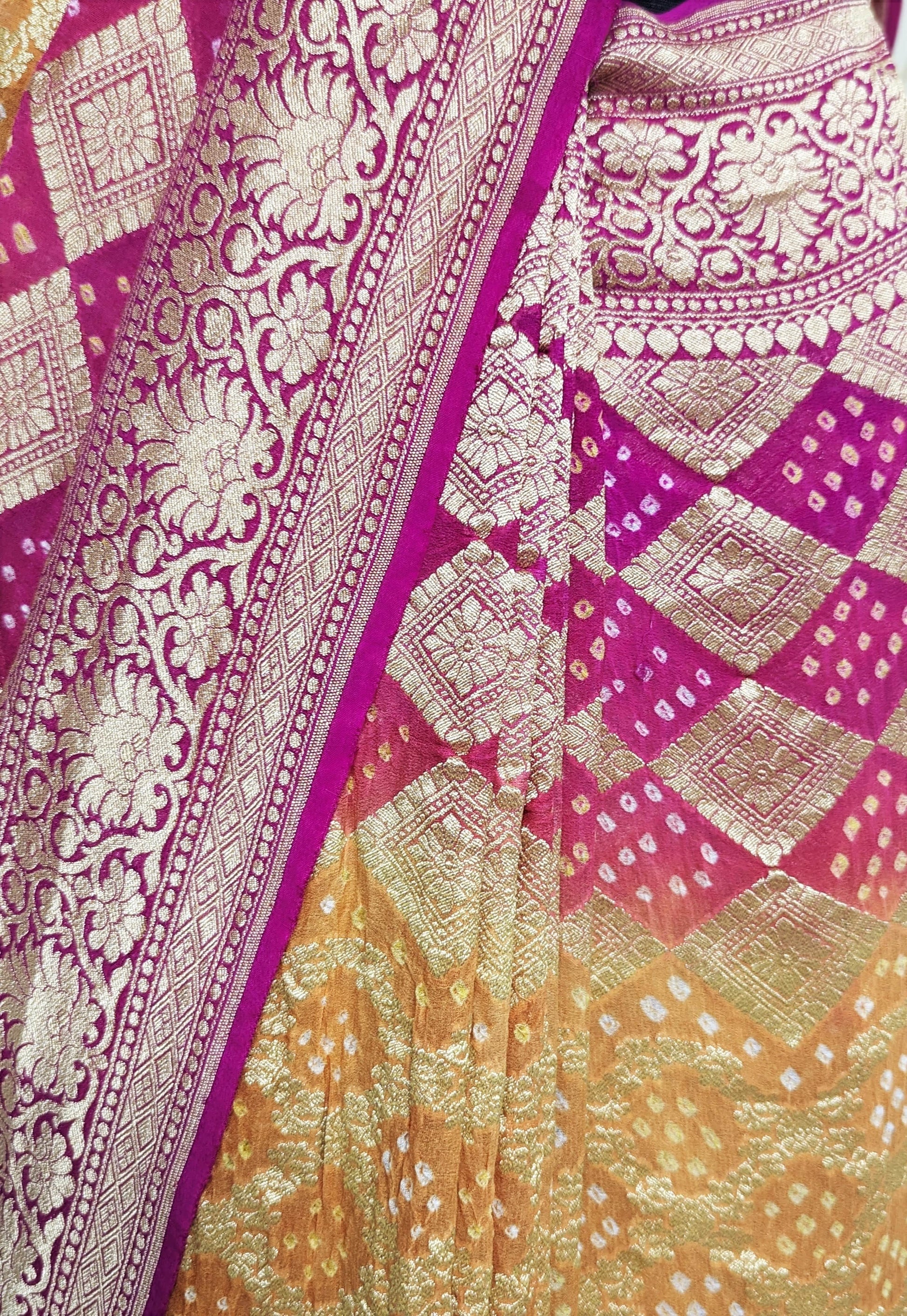 Georgette Jaal Banaraasi Bandhani Saree In Shades Of Rani & Orange - Bharat Silk House