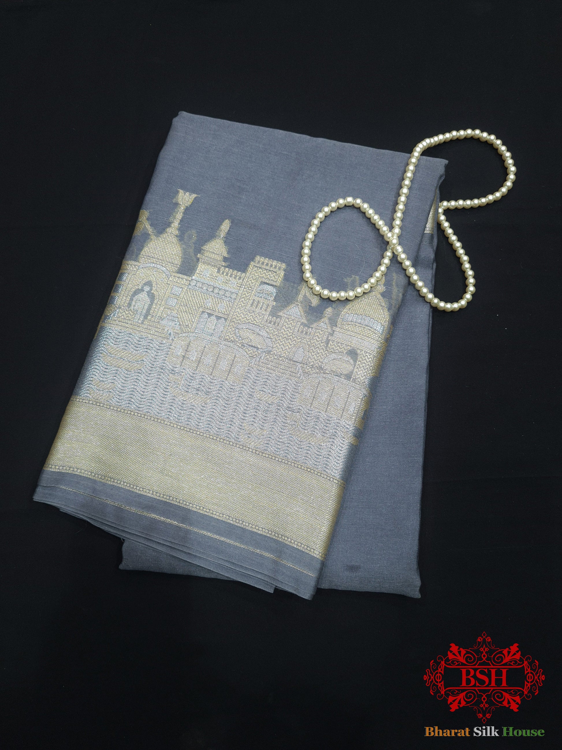 Gray Banaras Ghats Weaved Silk Saree - Bharat Silk House