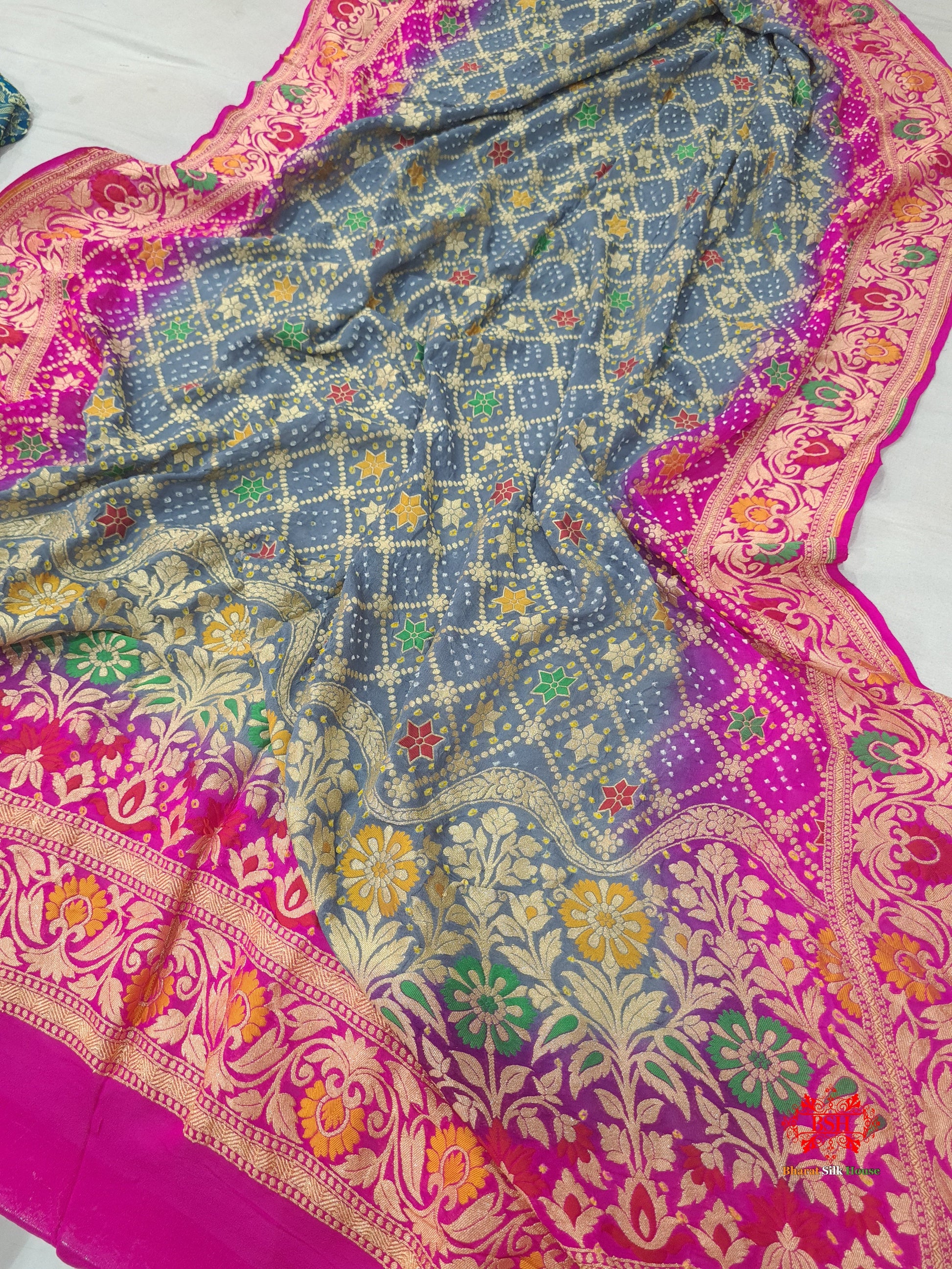 Gray/Pink Georgette Banarasi Handloom Menakari Bandhani Dupatta - Bharat Silk House