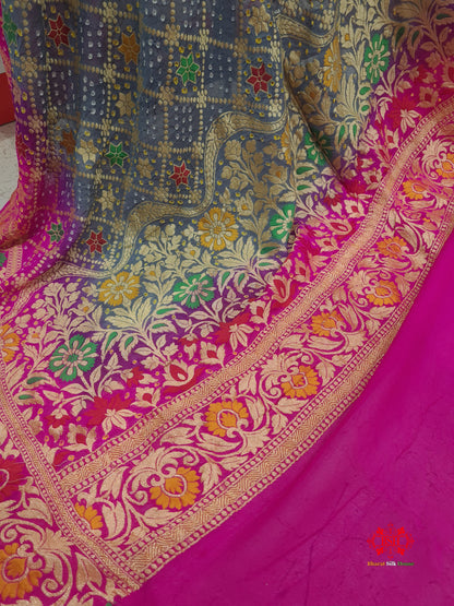 Gray/Pink Georgette Banarasi Handloom Menakari Bandhani Dupatta - Bharat Silk House