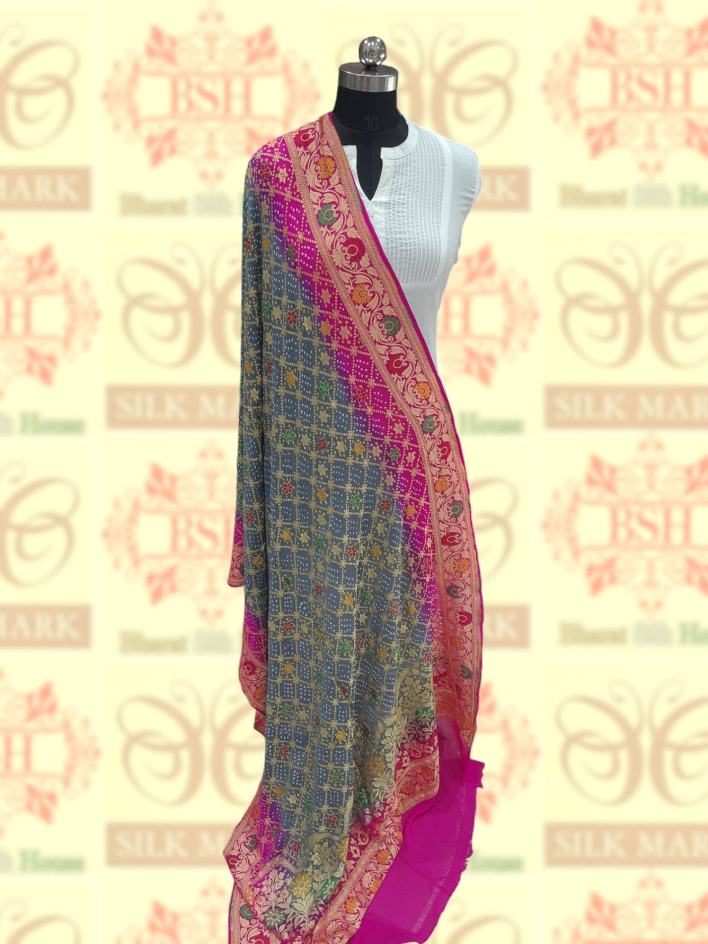 Gray/Pink Georgette Banarasi Handloom Menakari Bandhani Dupatta - Bharat Silk House