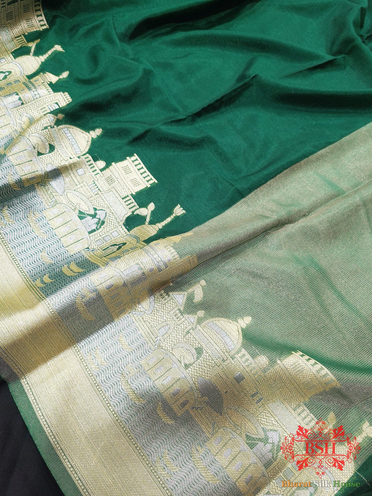 Green Banaras Ghats Weaved Silk Saree - Bharat Silk House