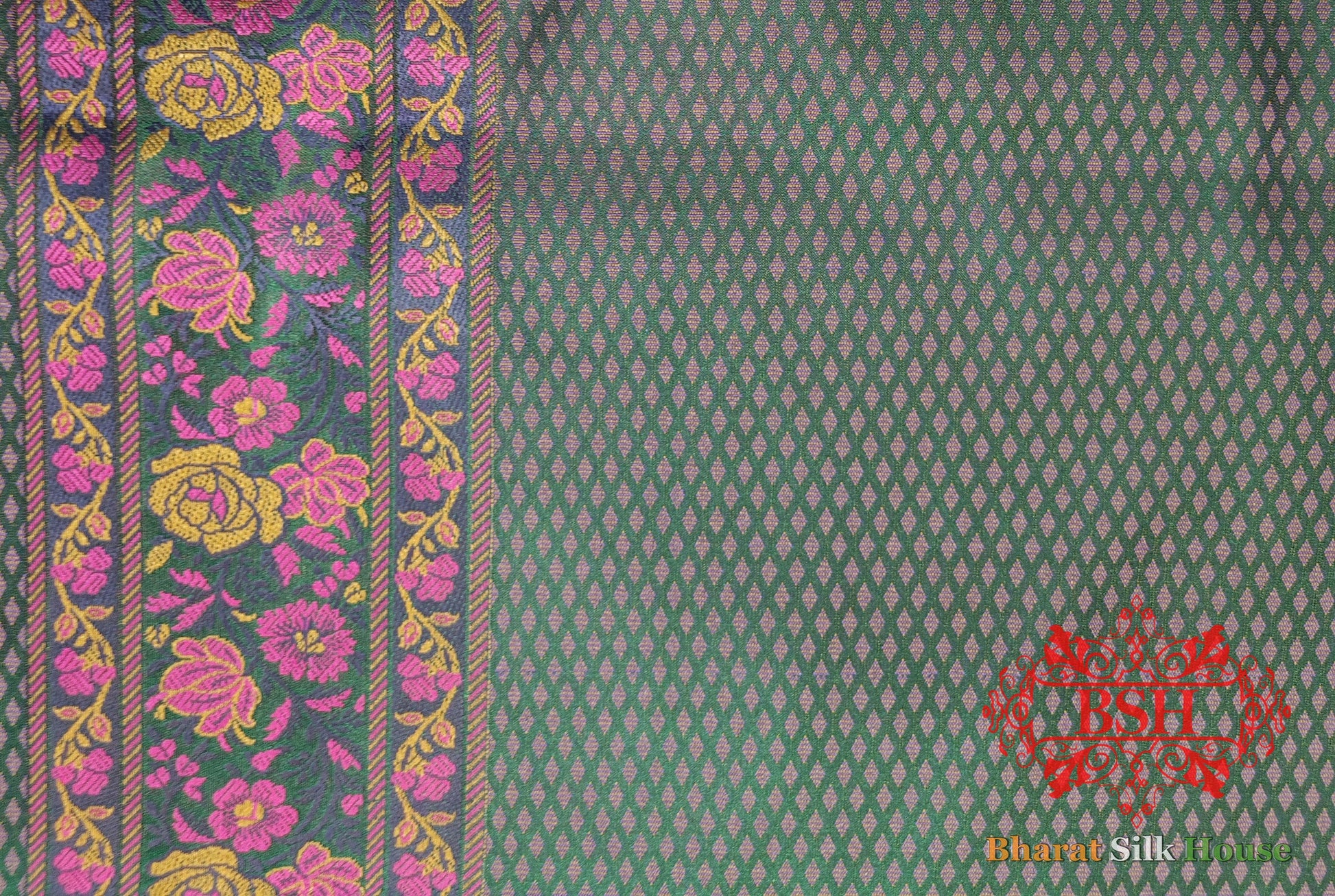 Green Chauthera (Four Color) Resham Zari Tanchoi Katan Silk Saree - Bharat Silk House