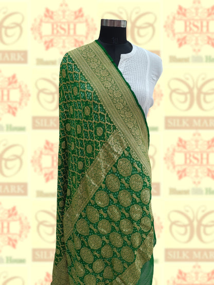 Green Georgette Banarasi Handloom Bandhani Dupatta - Bharat Silk House