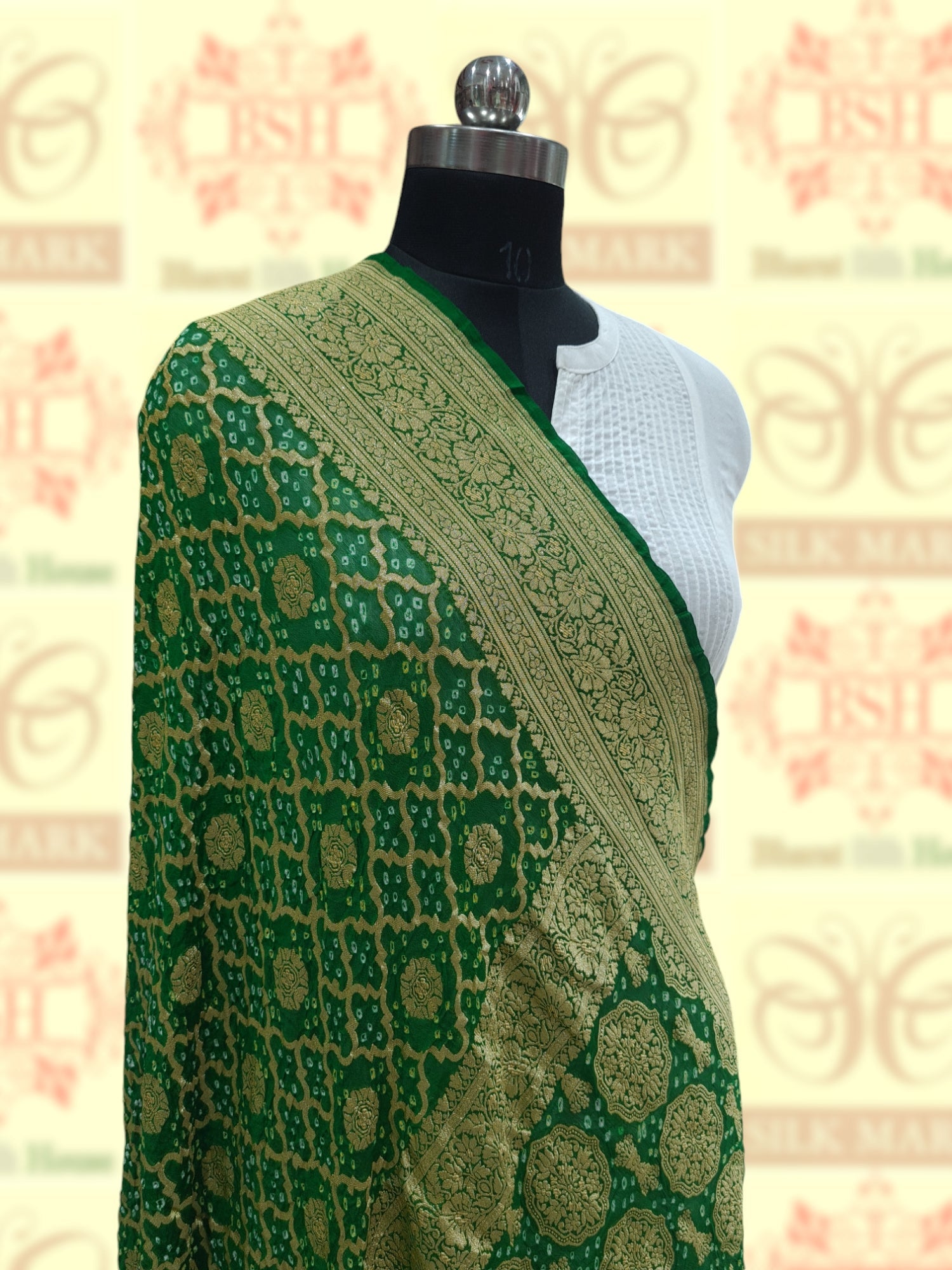 Green Georgette Banarasi Handloom Bandhani Dupatta - Bharat Silk House