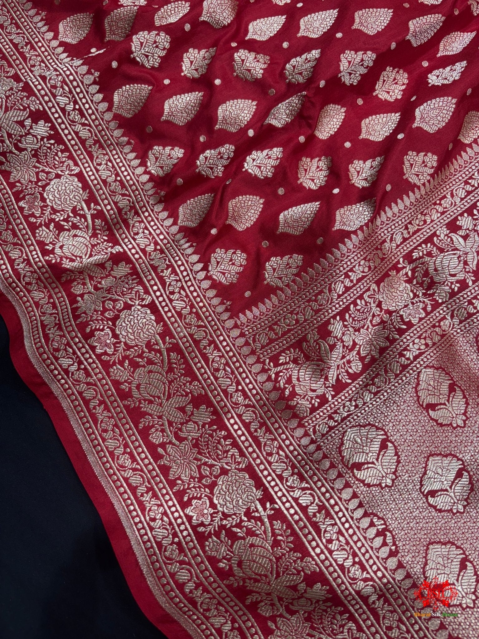 Handloom Banarasi Pure Katan Silk All Over Floral Booti In Shades Of Red - Bharat Silk House Pure Kataan Silk