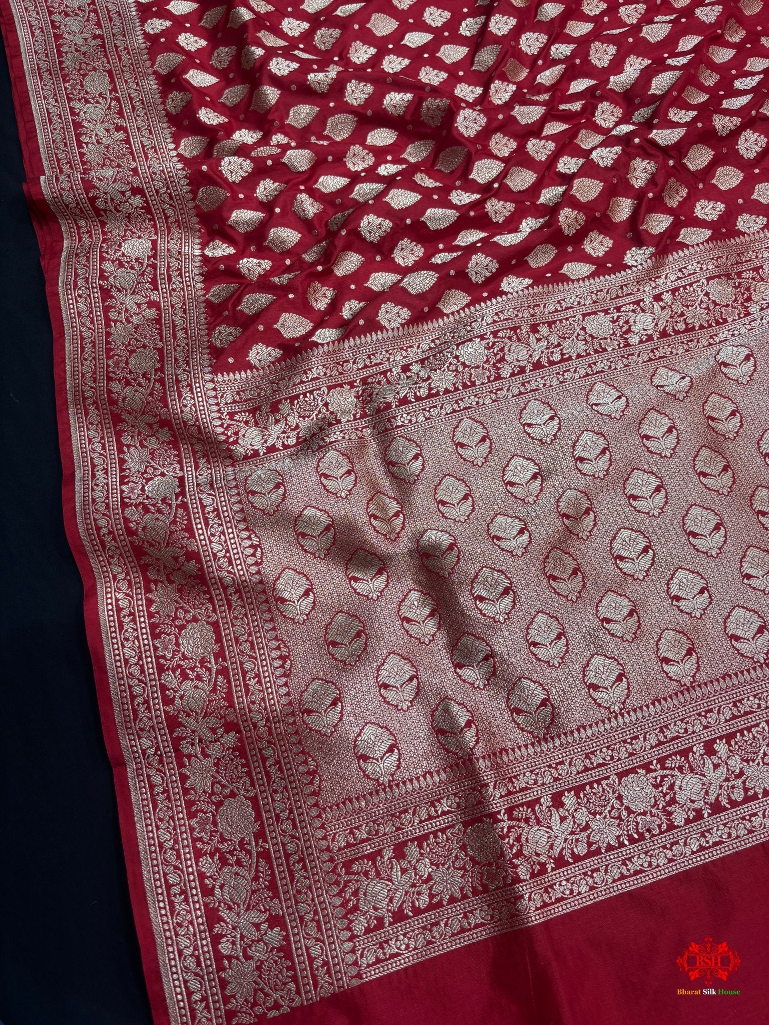 Handloom Banarasi Pure Katan Silk All Over Floral Booti In Shades Of Red - Bharat Silk House Pure Kataan Silk