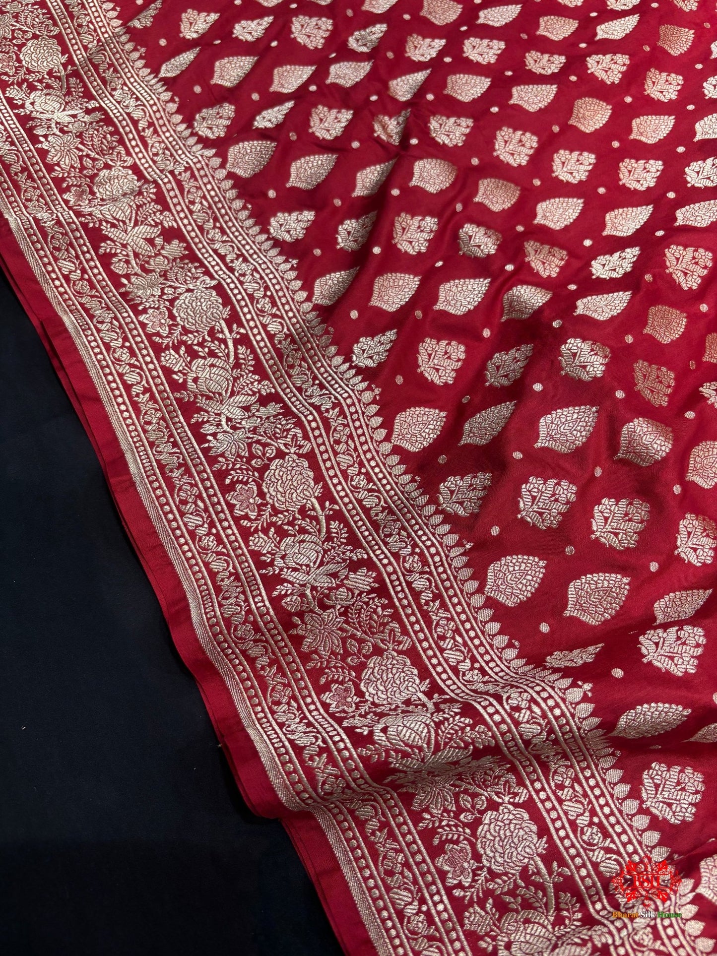 Handloom Banarasi Pure Katan Silk All Over Floral Booti In Shades Of Red - Bharat Silk House Pure Kataan Silk