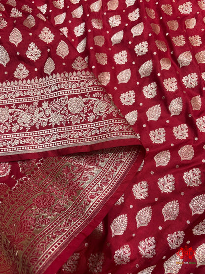 Handloom Banarasi Pure Katan Silk All Over Floral Booti In Shades Of Red - Bharat Silk House Pure Kataan Silk