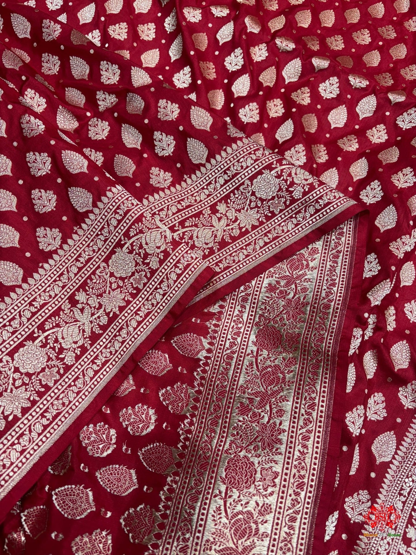 Handloom Banarasi Pure Katan Silk All Over Floral Booti In Shades Of Red - Bharat Silk House Pure Kataan Silk