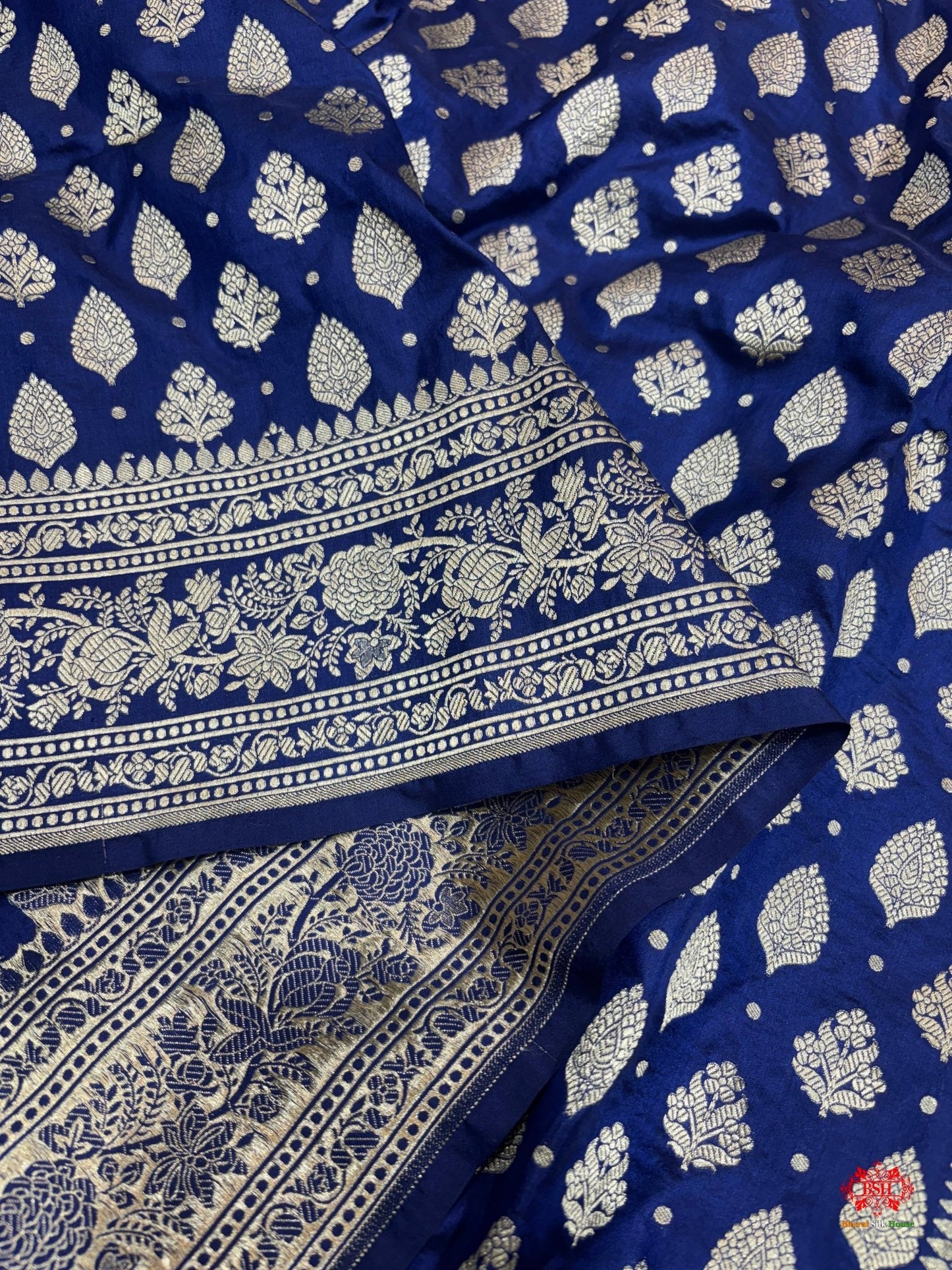 Handloom Banarasi Pure Katan Silk All Over Floral Booti In Shades Of Royal Blue - Bharat Silk House Pure Kataan Silk