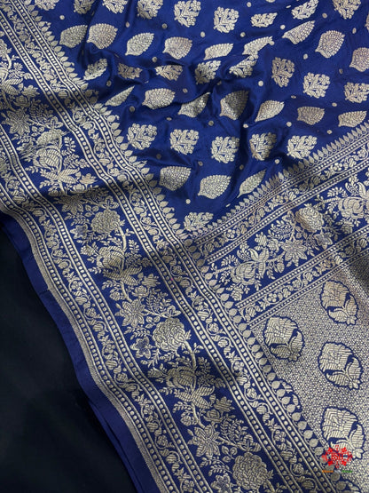 Handloom Banarasi Pure Katan Silk All Over Floral Booti In Shades Of Royal Blue - Bharat Silk House Pure Kataan Silk