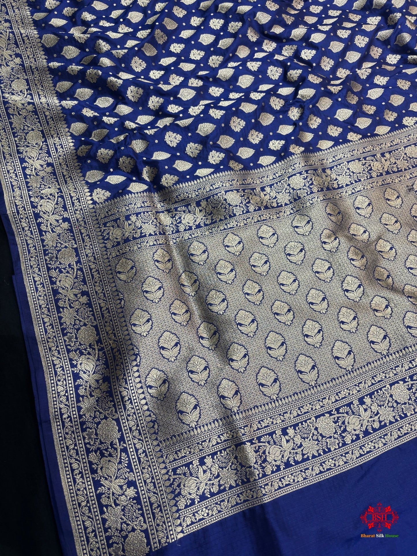 Handloom Banarasi Pure Katan Silk All Over Floral Booti In Shades Of Royal Blue - Bharat Silk House Pure Kataan Silk