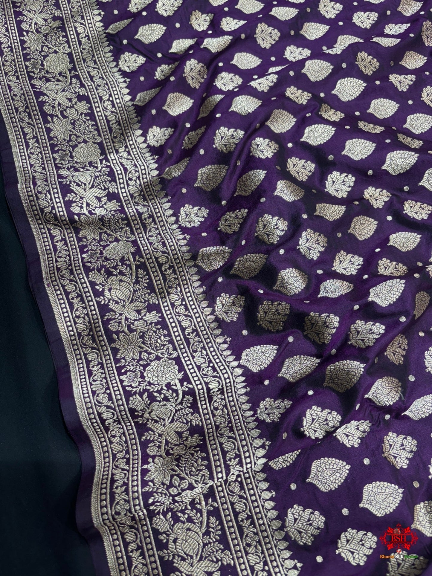 Handloom Banarasi Pure Katan Silk All Over Floral Booti In Shades Of Voilet - Bharat Silk House Pure Kataan Silk