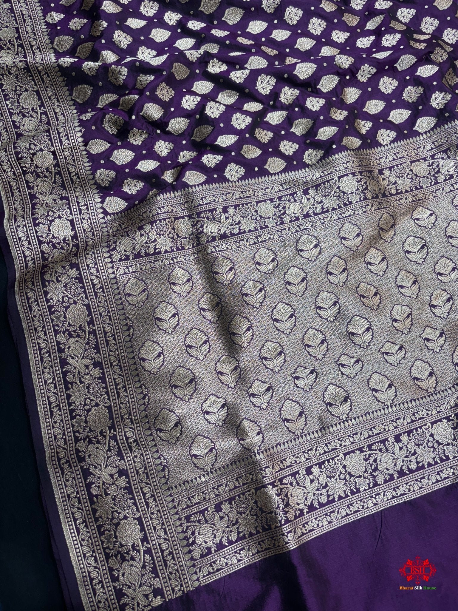 Handloom Banarasi Pure Katan Silk All Over Floral Booti In Shades Of Voilet - Bharat Silk House Pure Kataan Silk