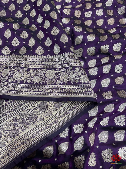 Handloom Banarasi Pure Katan Silk All Over Floral Booti In Shades Of Voilet - Bharat Silk House Pure Kataan Silk