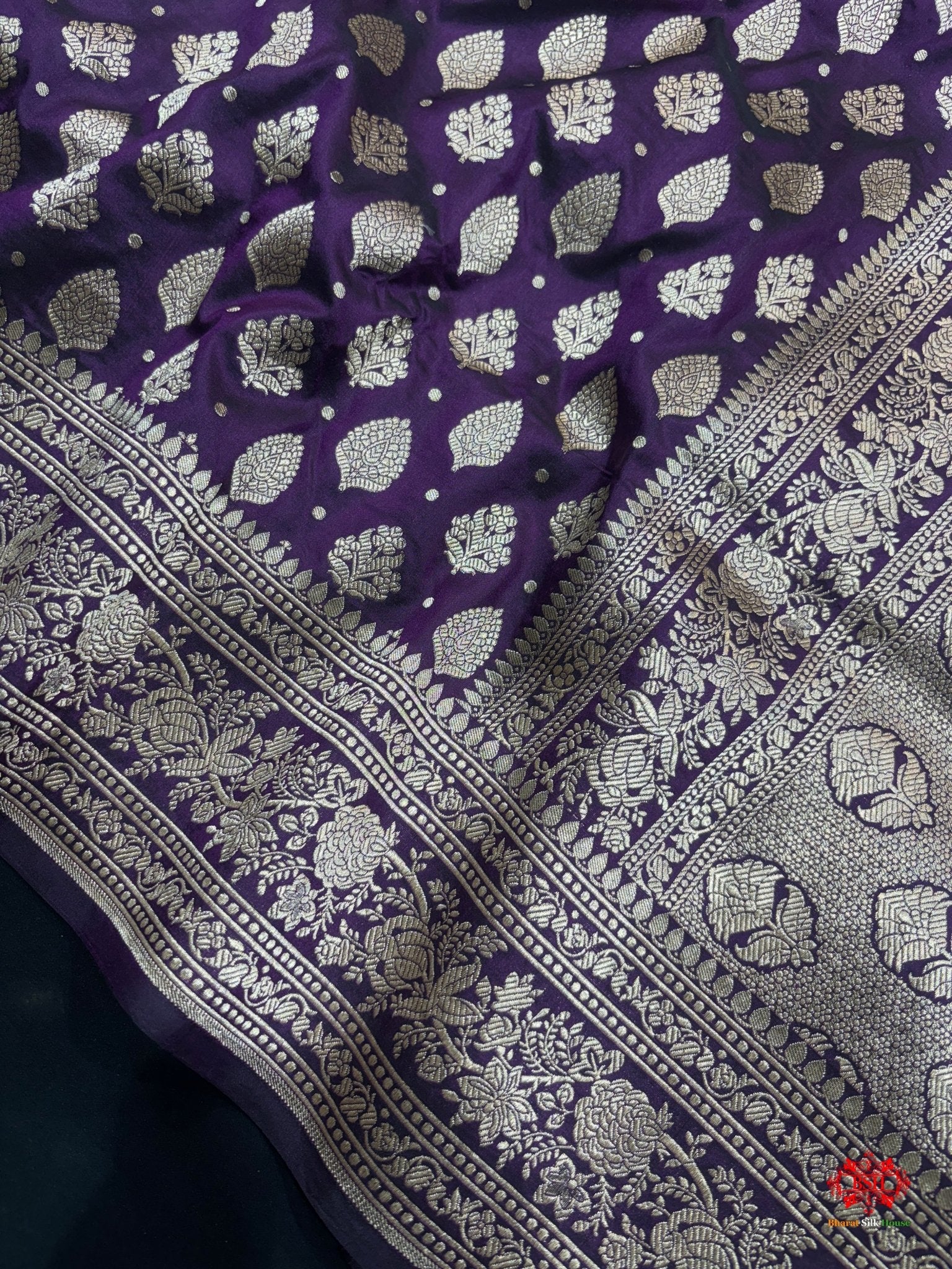 Handloom Banarasi Pure Katan Silk All Over Floral Booti In Shades Of Voilet - Bharat Silk House Pure Kataan Silk