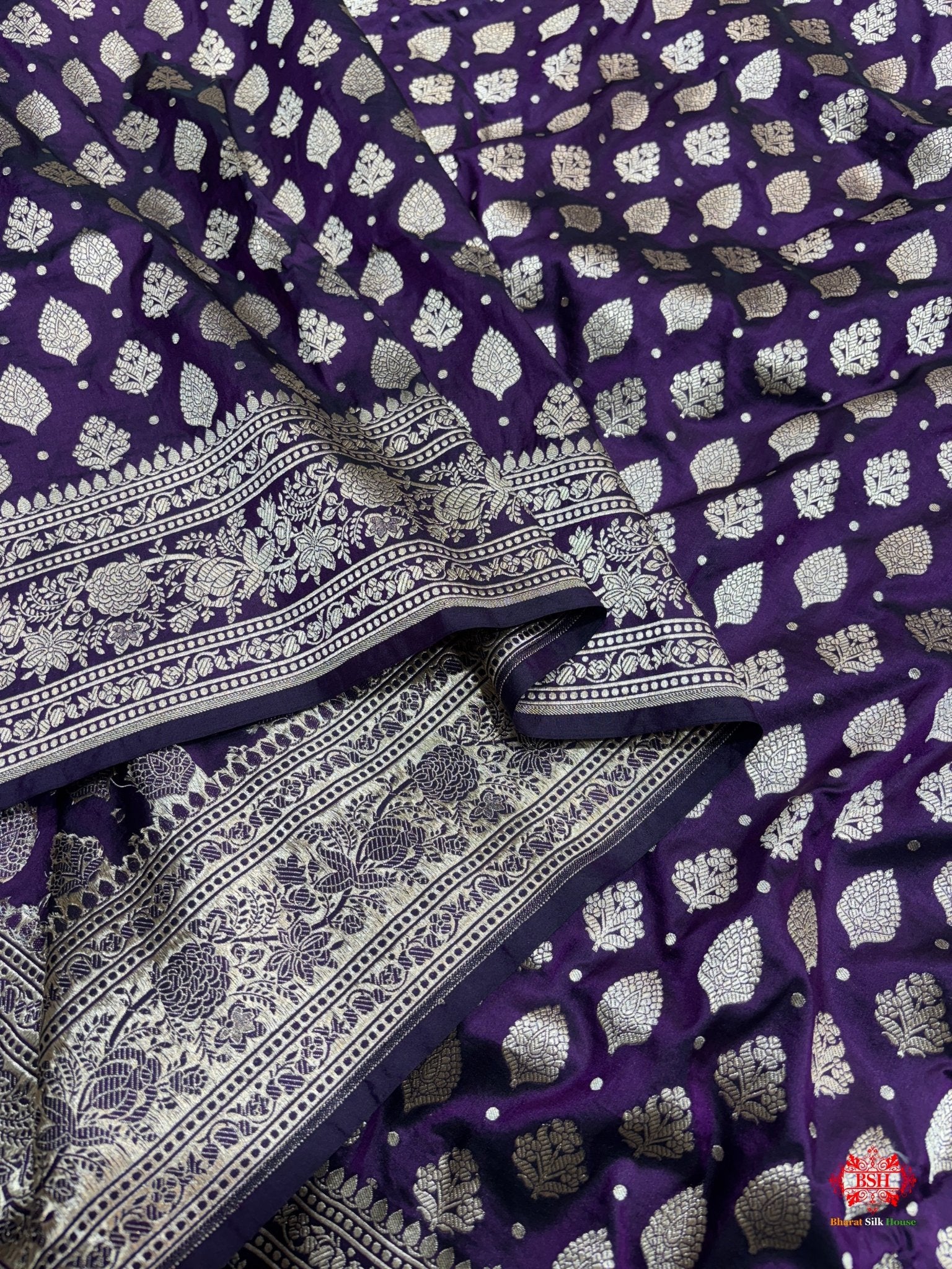 Handloom Banarasi Pure Katan Silk All Over Floral Booti In Shades Of Voilet - Bharat Silk House Pure Kataan Silk