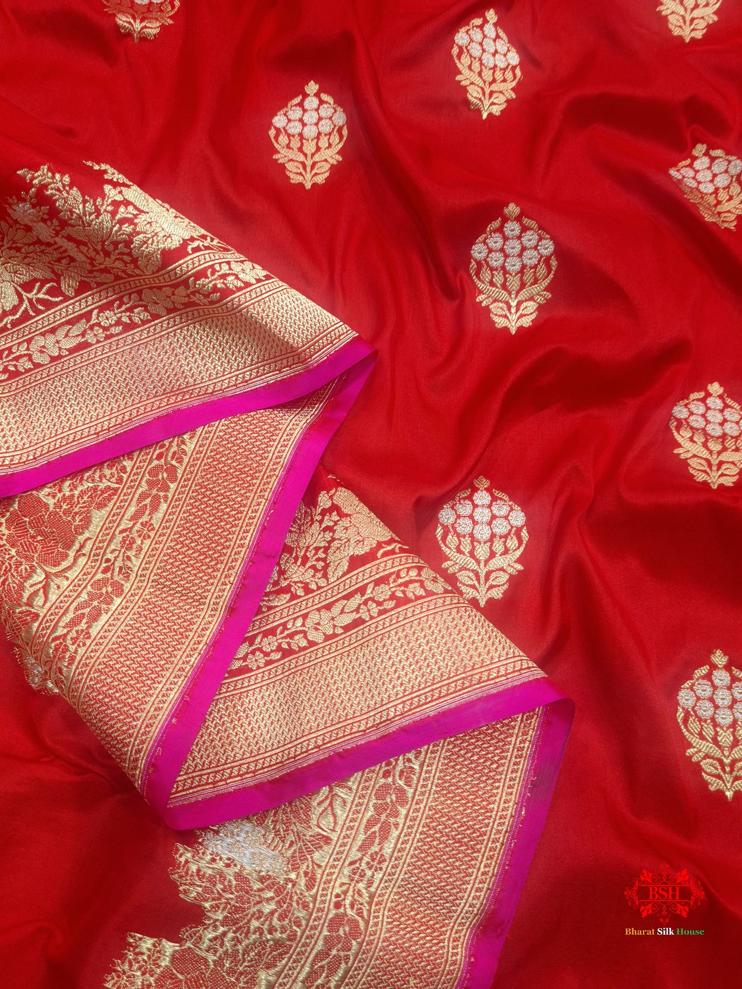 Handloom Banarasi Pure Katan Silk Floral Booti In Shades Of Red - Bharat Silk House