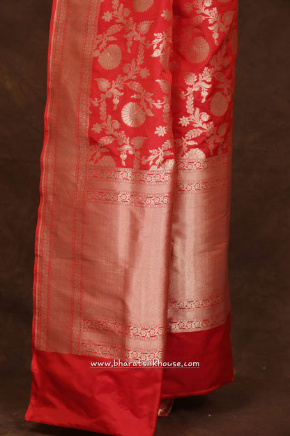 Handloom Banarasi Pure Katan Silk Floral Booti In Shades Of Red - Bharat Silk House