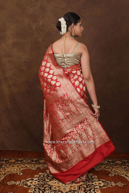 Handloom Banarasi Pure Katan Silk Floral Booti In Shades Of Red - Bharat Silk House