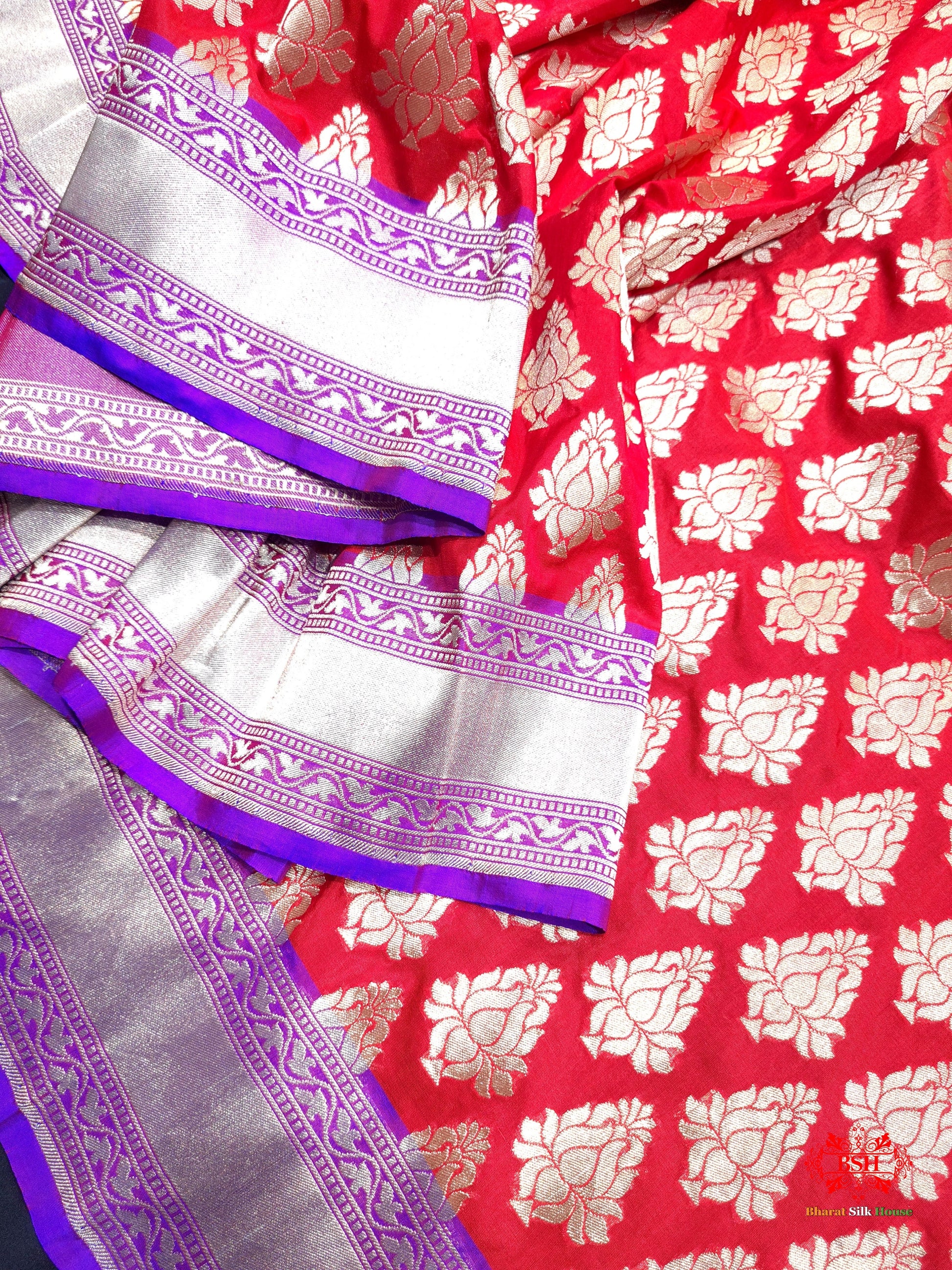 Handloom Banarasi Pure Katan Silk Floral Booti In Shades Of Red - Bharat Silk House