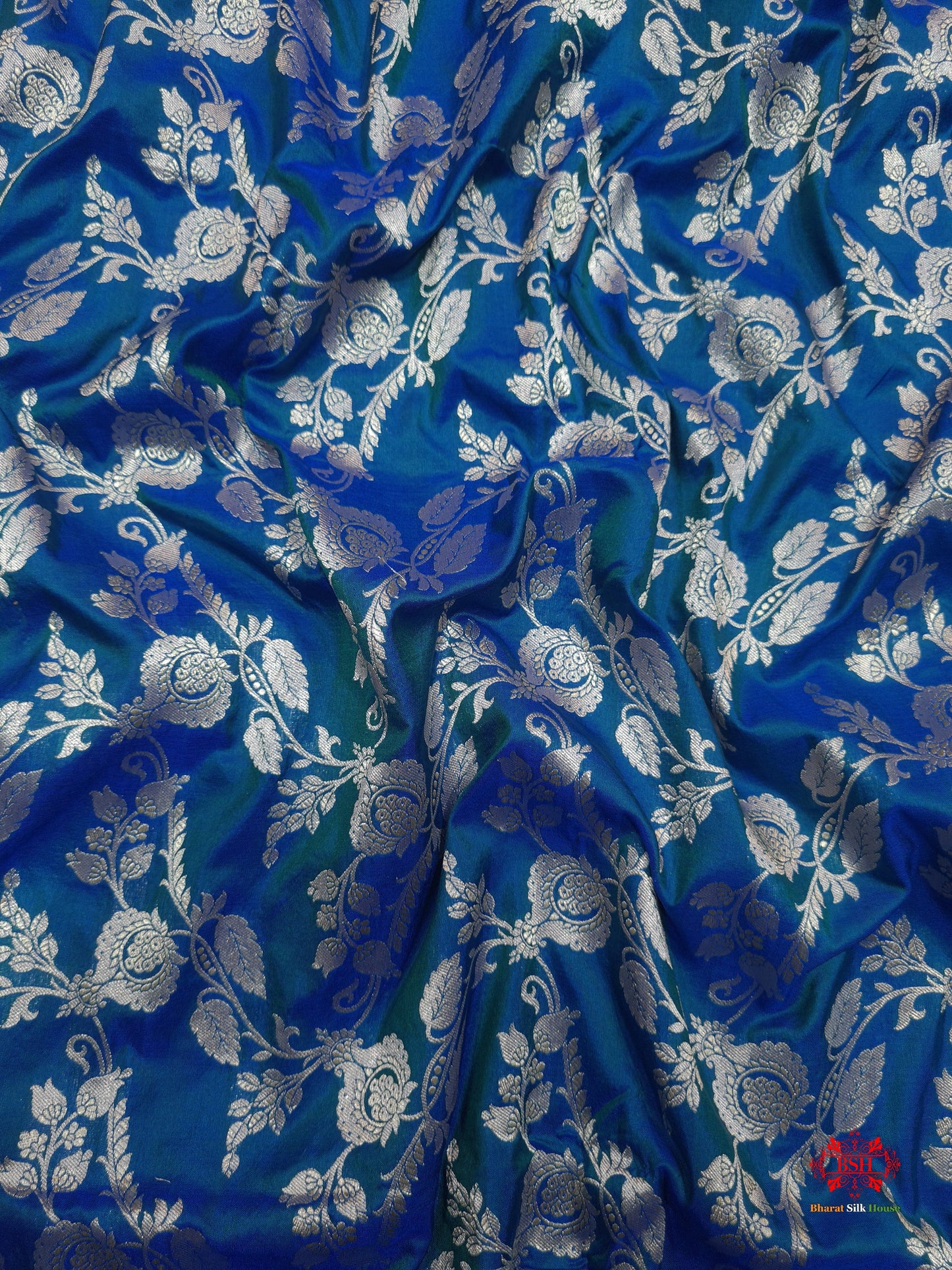 Handloom Banarasi Pure Katan Silk Floral Jaal Cross Color Of Blue - Bharat Silk House