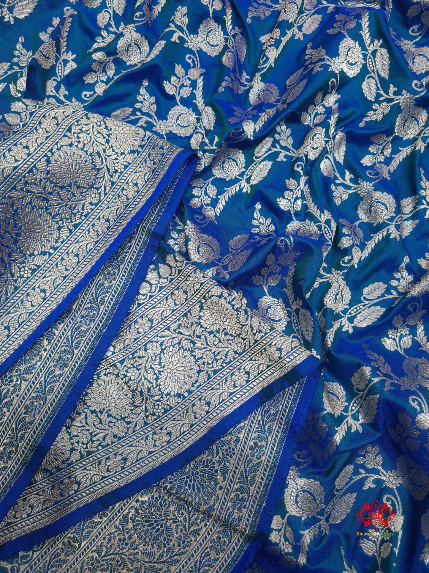 Handloom Banarasi Pure Katan Silk Floral Jaal Cross Color Of Blue - Bharat Silk House