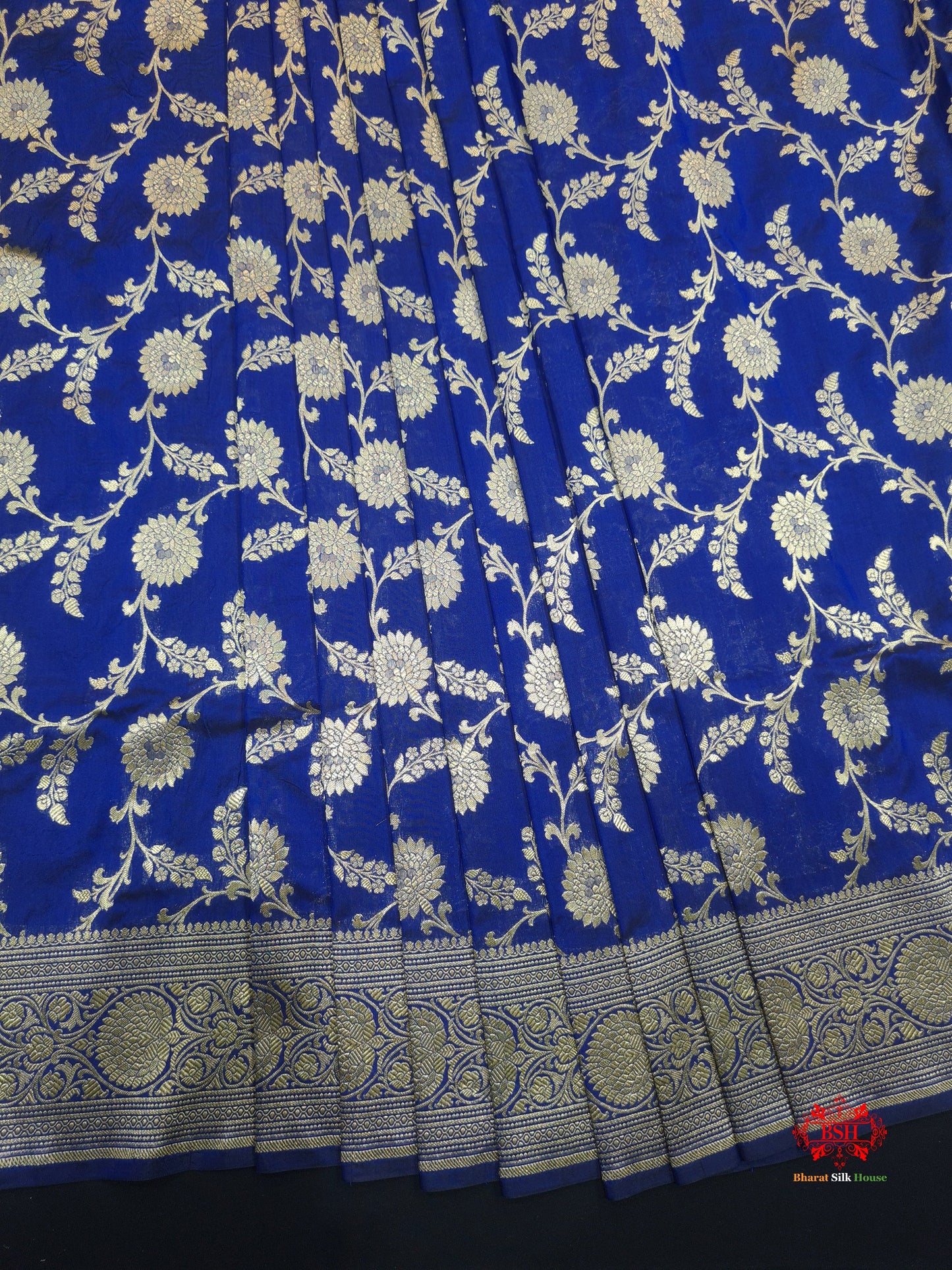 Handloom Banarasi Pure Katan Silk Floral Jaal In Shades Of Blue - Bharat Silk House