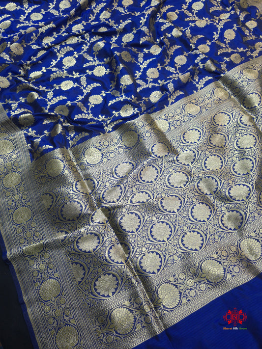 Handloom Banarasi Pure Katan Silk Floral Jaal In Shades Of Blue - Bharat Silk House