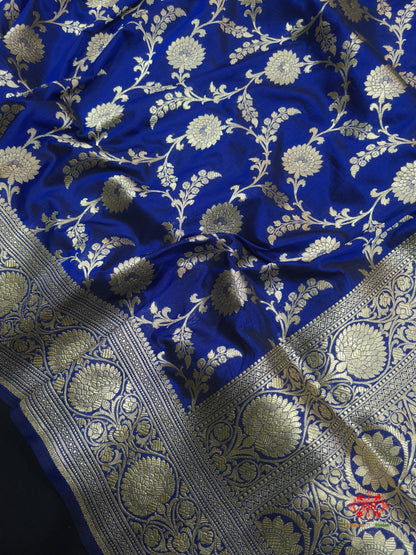 Handloom Banarasi Pure Katan Silk Floral Jaal In Shades Of Blue - Bharat Silk House