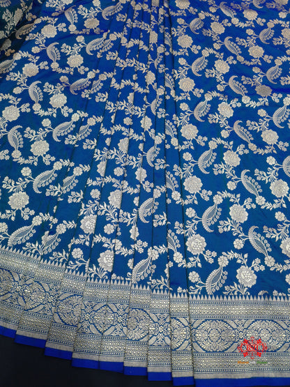 Handloom Banarasi Pure Katan Silk Floral Jaal In Shades Of Blue - Bharat Silk House