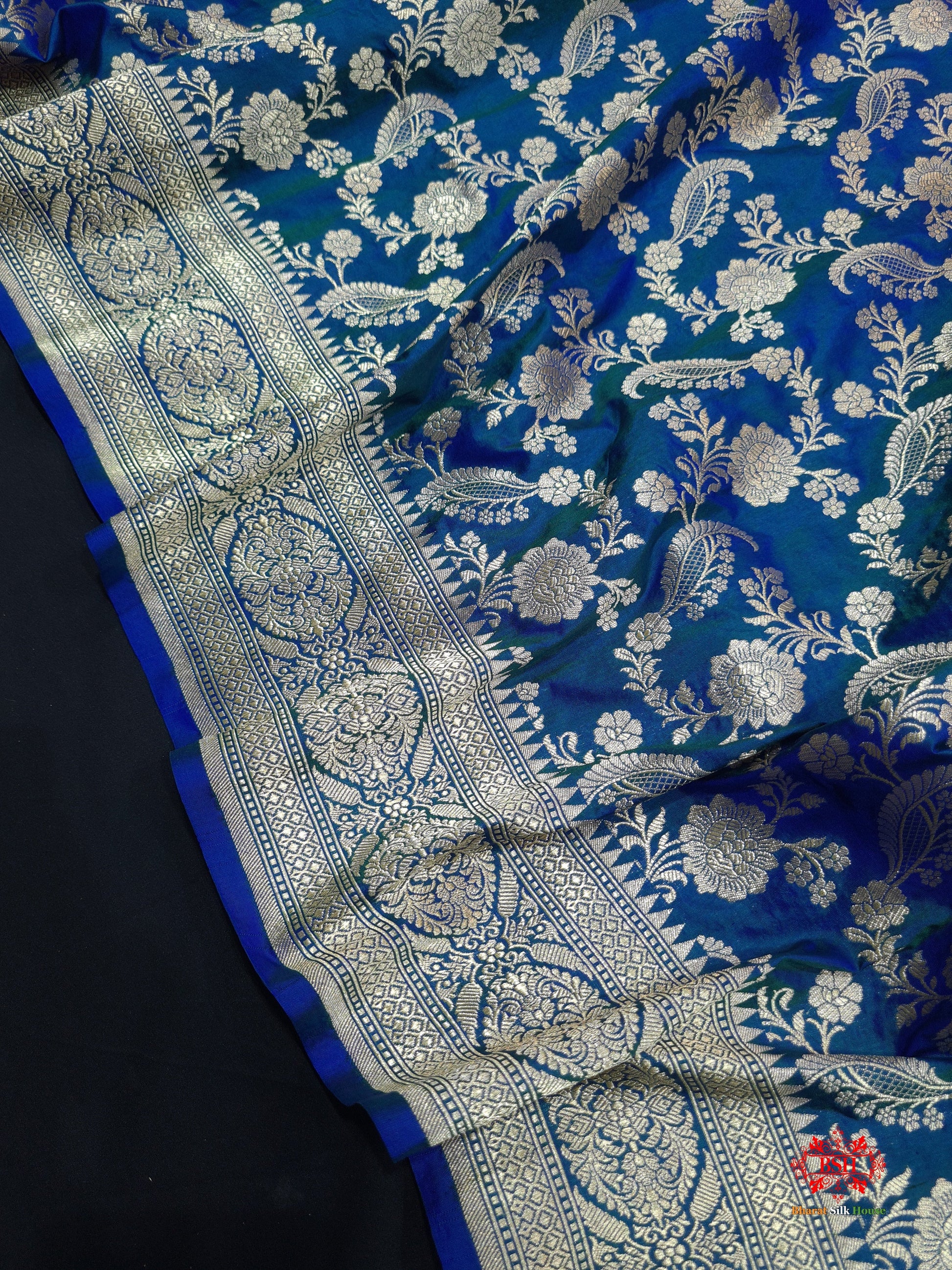 Handloom Banarasi Pure Katan Silk Floral Jaal In Shades Of Blue - Bharat Silk House