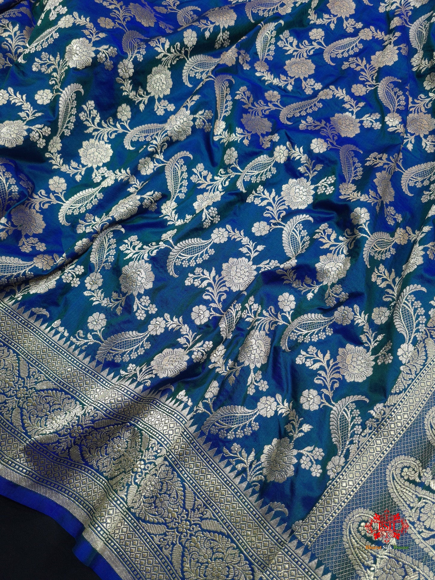 Handloom Banarasi Pure Katan Silk Floral Jaal In Shades Of Blue - Bharat Silk House