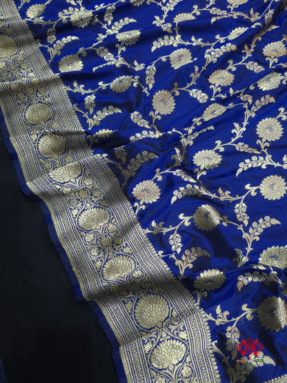 Handloom Banarasi Pure Katan Silk Floral Jaal In Shades Of Blue - Bharat Silk House