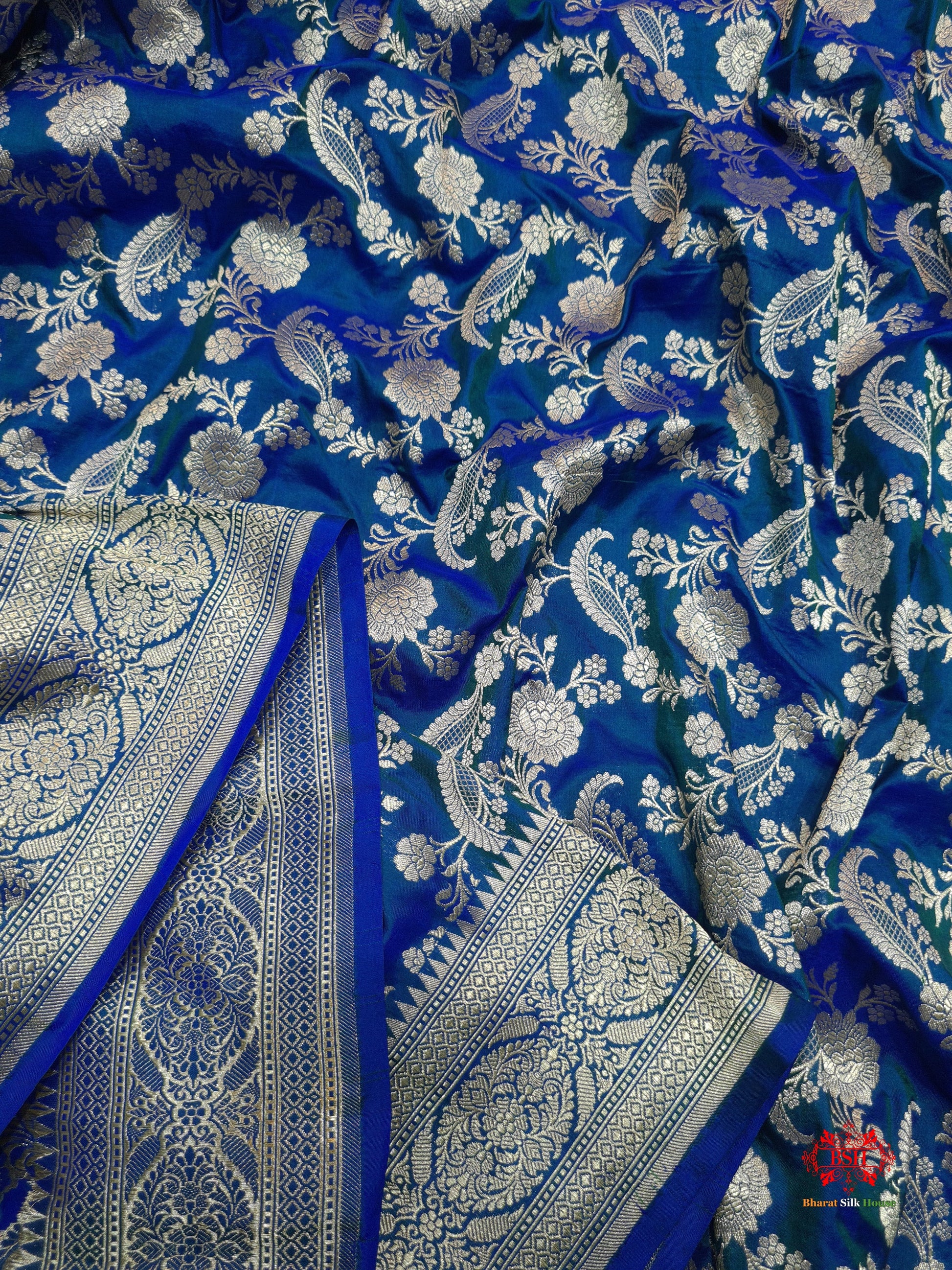 Handloom Banarasi Pure Katan Silk Floral Jaal In Shades Of Blue - Bharat Silk House