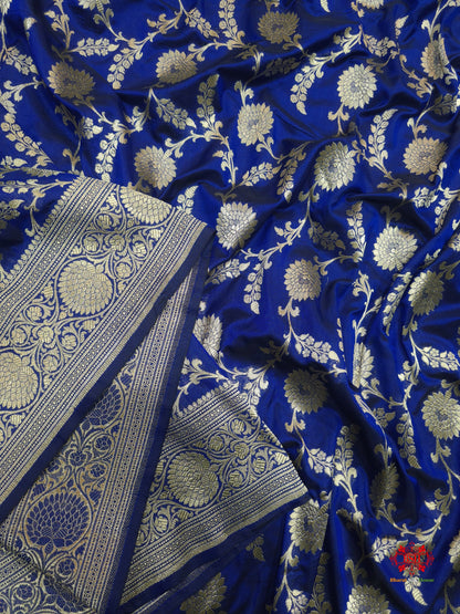 Handloom Banarasi Pure Katan Silk Floral Jaal In Shades Of Blue - Bharat Silk House