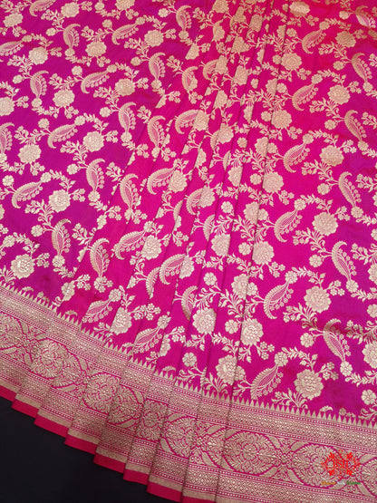 Handloom Banarasi Pure Katan Silk Floral Jaal In Shades Of Pink - Bharat Silk House