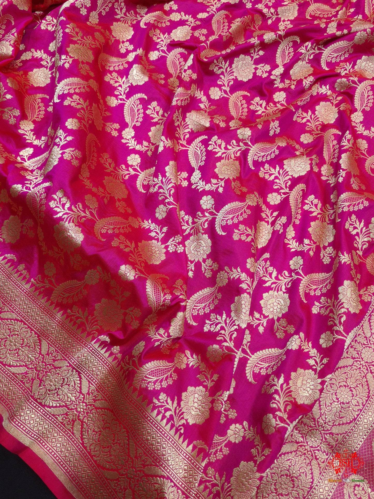 Handloom Banarasi Pure Katan Silk Floral Jaal In Shades Of Pink - Bharat Silk House