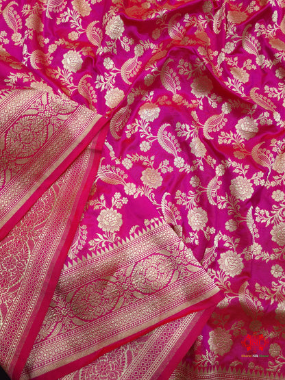 Handloom Banarasi Pure Katan Silk Floral Jaal In Shades Of Pink - Bharat Silk House