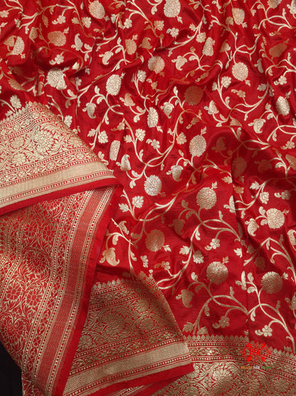 Handloom Banarasi Pure Katan Silk Floral Jaal In Shades Of Red - Bharat Silk House